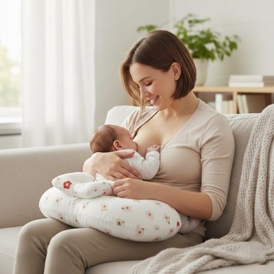 Maman allaitant son bébé reposant sur un coussin d'allaitement ergonomique multifonctionel
