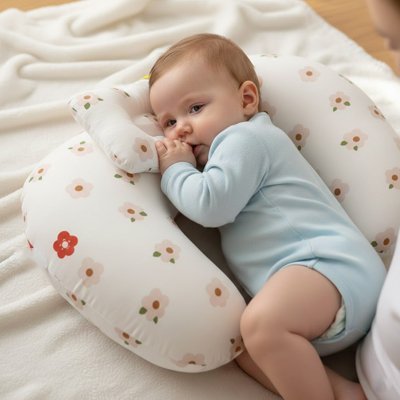 Bébé se reposant sur un coussin d'allaitement  ergonomique multifonctionel fleurie